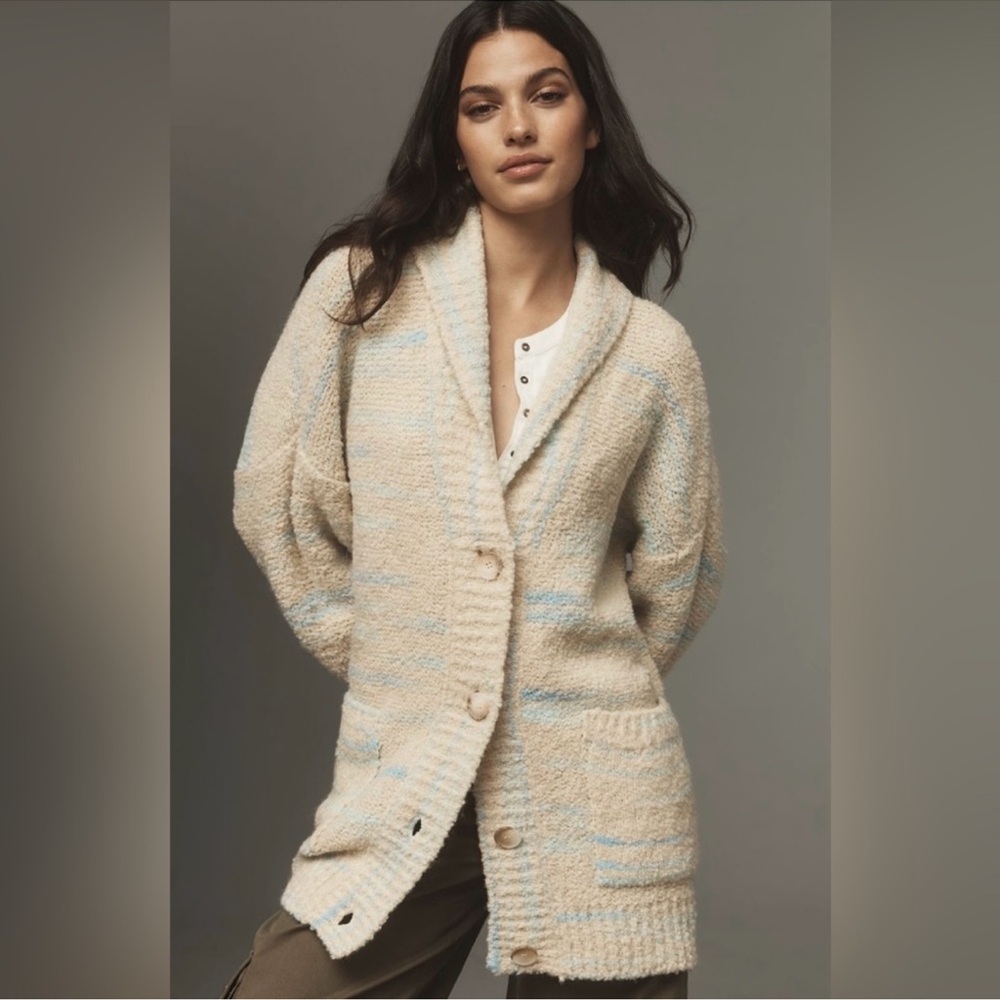 NWT Anthropologie Pilcro Beige and Blue Oversized Cardigan Sweater w/ Pockets - Picture 4 of 11